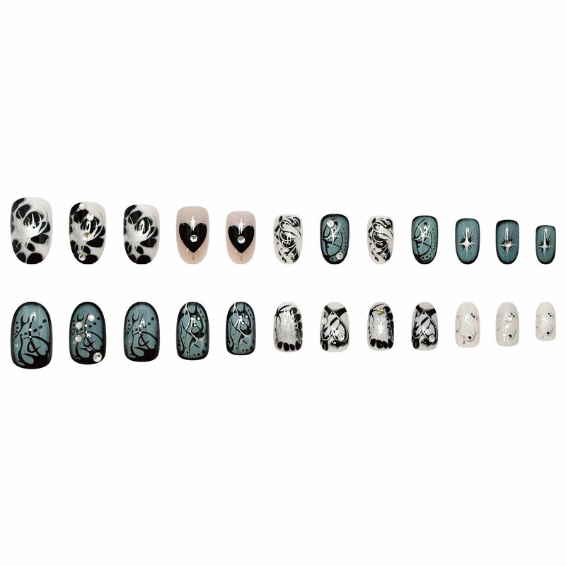 MERVF Medium Press on Nails Round Fake Nails Goth Glue ons Black Heart Butterfly Swirls Design Oval Acrylic False Nail for Women Glossy 24pcs - Image 3